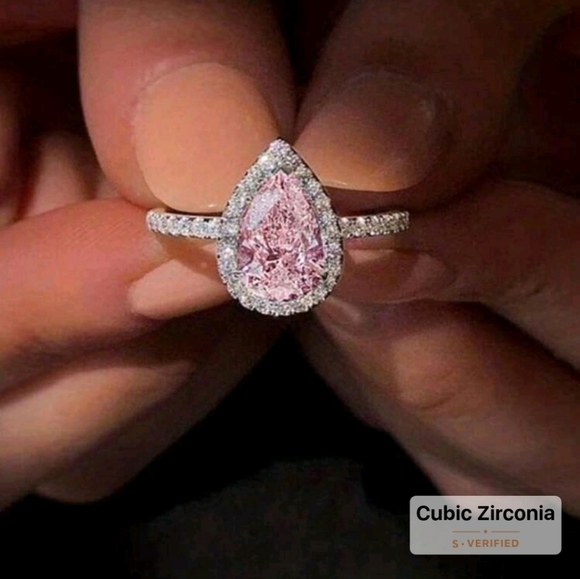 925 Sterling Silver Pear Cut Cubic Zirconia Pink Teardrop Ring Sz 7 - Picture 2 of 7